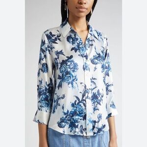 L'AGENCE White and Blue Floral Silk Shirt